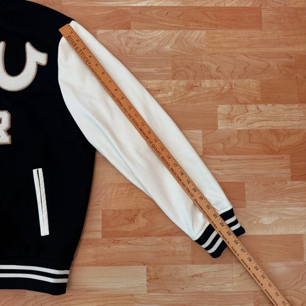 True Religion Mens NEW Varsity Jacket Jet Black White Letterman 108284 L